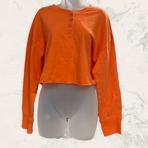 Abound Henley Fleece Crop Sweatshirt In Coral Camelia - Size M - Coral Camelia/o - Picture 2 of 3